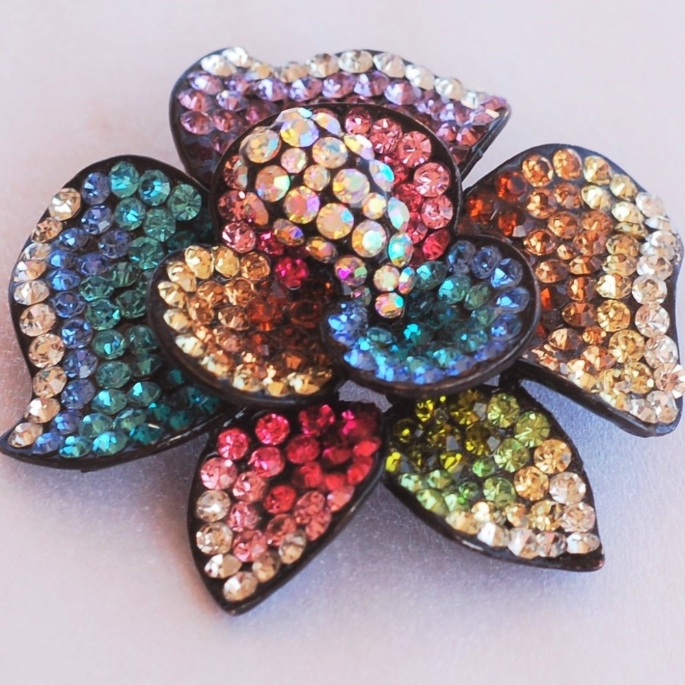 Huge Japanned Rhinestone Flower Brooch Pin